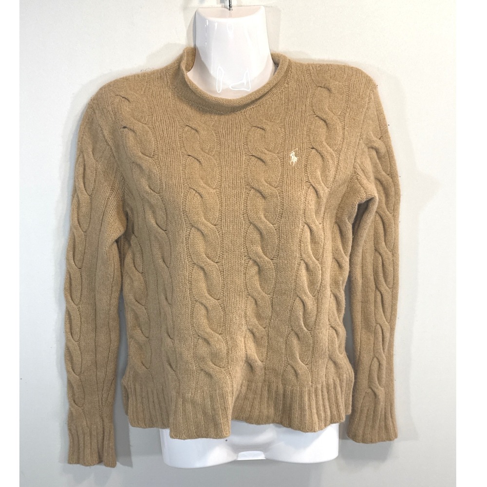 Polo Ralph Lauren Cable Knit Sweater Camel Tan Wool Cashmere Mock Neck Women's S
